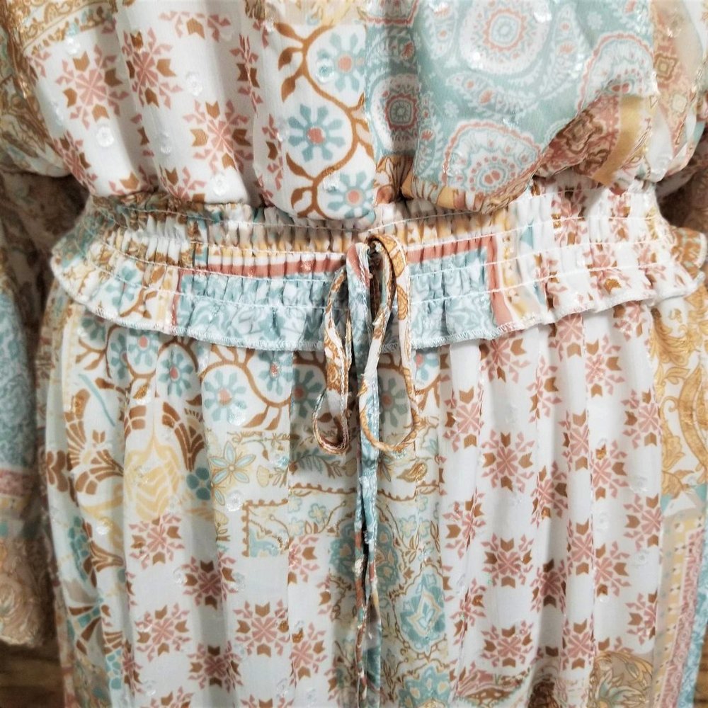 Dress. Aqua Tan Cream Gold. Paisley Floral Print. Peach Love Brand. Size L. NWT. - Picture 5 of 13